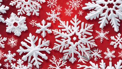 The primary subject of the image is a close-up of a snowflake pattern, which is a digital artwork. The setting is a red background, and the visual style is a combination of digital art and illustration. The dominant colors are white and red, creating a warm and cozy atmosphere.